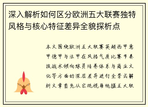深入解析如何区分欧洲五大联赛独特风格与核心特征差异全貌探析点