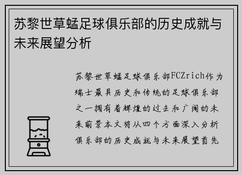 苏黎世草蜢足球俱乐部的历史成就与未来展望分析 苏黎世草蜢足球俱乐部的历史成就与未来展望分析