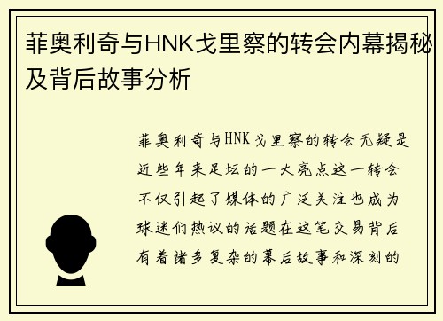 菲奥利奇与HNK戈里察的转会内幕揭秘及背后故事分析 菲奥利奇与HNK戈里察的转会内幕揭秘及背后故事分析