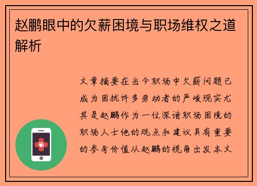 赵鹏眼中的欠薪困境与职场维权之道解析 赵鹏眼中的欠薪困境与职场维权之道解析